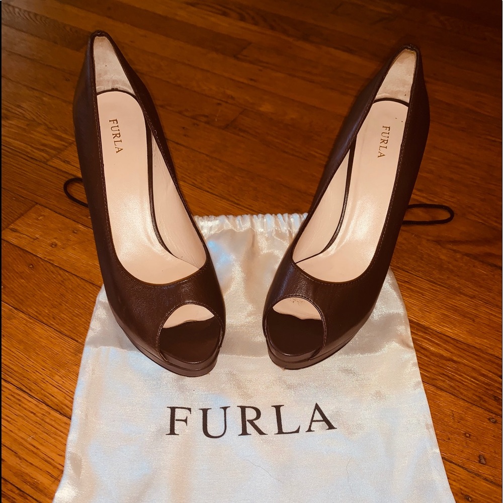 FURLA Chocolate Brown Peep Toe Heels